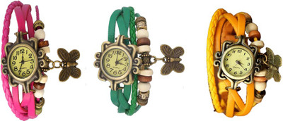 

Kissu Vintage Rakhi Combo of 3 Pink, Green And Yellow Watch - For Women