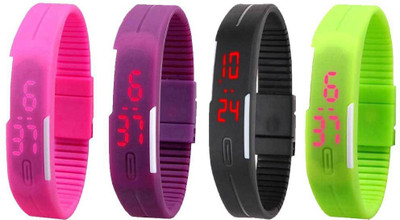 

NS18 Silicone Led Magnet Band Combo of 4 Pink, Purple, Black And Green Watch - For Boys & Girls