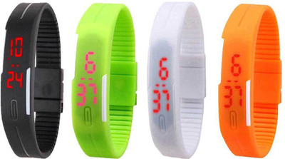 

NS18 Silicone Led Magnet Band Combo of 4 Black, Green, White And Orange Watch - For Boys & Girls