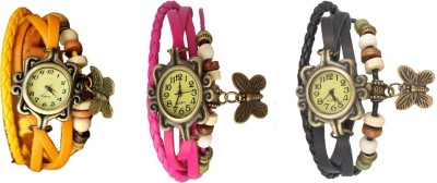 NS18 Vintage Butterfly Rakhi Watch Combo of 3 Yellow, Pink And Black Analog Watch  - For Women   Watches  (NS18)
