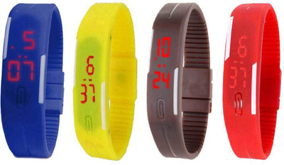 Kissu Led Magnet Band Combo of 4 Blue, Yellow, Brown And Red Watch - For Men & Women