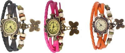 NS18 Vintage Butterfly Rakhi Watch Combo of 3 Black, Pink And Orange Analog Watch  - For Women   Watches  (NS18)