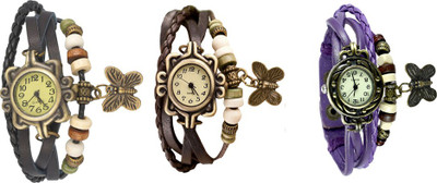 

Kissu Vintage Rakhi Watch Combo of 3 Black, Brown And Purple Watch - For Women