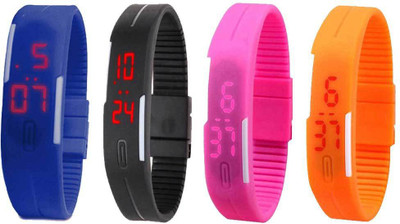 

NS18 Silicone Led Magnet Band Combo of 4 Blue, Black, Pink And Orange Watch - For Boys & Girls