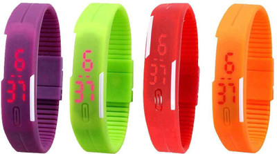 Kissu Led Magnet Band Combo of 4 Purple, Green, Red And Orange Watch - For Men & Women