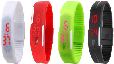 Kissu Led Magnet Band Combo of 4 White, Red, Green And Black Watch - For Men & Women