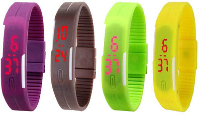 

NS18 Silicone Led Magnet Band Combo of 4 Purple, Brown, Green And Yellow Watch - For Boys & Girls