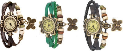 

Kissu Vintage Rakhi Watch Combo of 3 Brown, Green And Black Watch - For Women