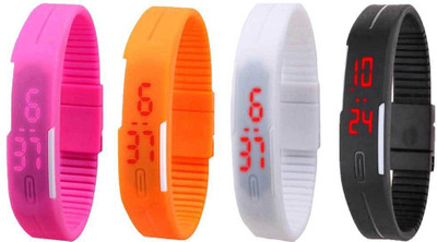 

NS18 Silicone Led Magnet Band Combo of 4 Pink, Orange, White And Black Watch - For Boys & Girls