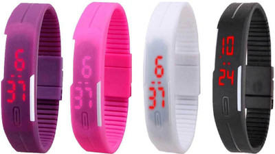 

NS18 Silicone Led Magnet Band Combo of 4 Purple, Pink, White And Black Watch - For Boys & Girls