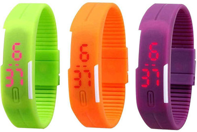NS18 Silicone Led Magnet Band Combo of 3 Green, Orange And Purple Watch - For Boys & Girls