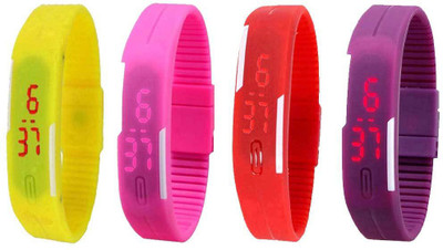 

NS18 Silicone Led Magnet Band Watch Combo of 4 Yellow, Pink, Red And Purple Watch - For Couple