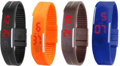 

NS18 Silicone Led Magnet Band Combo of 4 Black, Orange, Brown And Blue Watch - For Boys & Girls