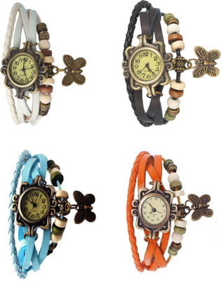 

Kissu Vintage Rakhi Combo of 4 White, Sky Blue, Black And Orange Watch - For Women