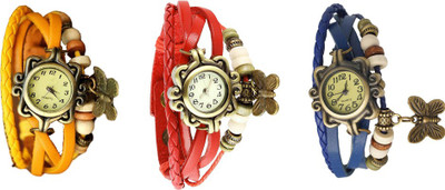 

NS18 Vintage Butterfly Rakhi Watch Combo of 3 Yellow, Red And Blue Watch - For Women