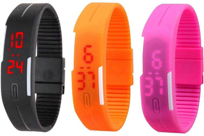 

Kissu Led Band Watch Combo of 3 Black, Orange And Pink Watch - For Couple