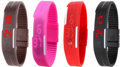 

NS18 Silicone Led Magnet Band Combo of 4 Brown, Pink, Red And Black Watch - For Boys & Girls