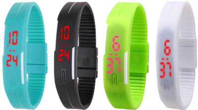 NS18 Silicone Led Magnet Band Combo of 4 Sky Blue, Black, Green And White Watch - For Boys & Girls