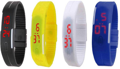 

NS18 Silicone Led Magnet Band Combo of 4 Black, White, Yellow And Blue Watch - For Boys & Girls