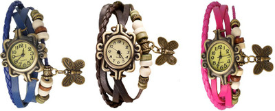 

NS18 Vintage Butterfly Rakhi Watch Combo of 3 Blue, Brown And Pink Watch - For Women