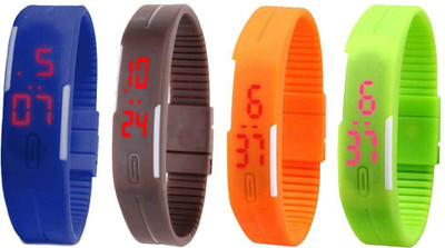 

NS18 Silicone Led Magnet Band Combo of 4 Blue, Brown, Orange And Green Watch - For Boys & Girls