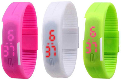 

NS18 Silicone Led Magnet Band Combo of 3 Pink, White And Green Watch - For Boys & Girls