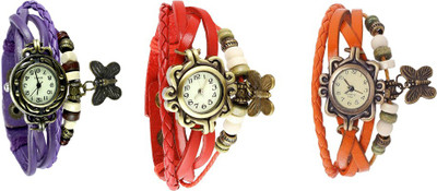 

NS18 Vintage Butterfly Rakhi Watch Combo of 3 Purple, Red And Orange Watch - For Women