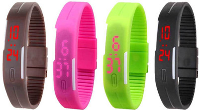 

NS18 Silicone Led Magnet Band Combo of 4 Brown, Pink, Green And Black Watch - For Boys & Girls