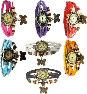 

NS18 Vintage Butterfly Rakhi Combo of 7 Pink, Purple, Red, Sky Blue, White, Yellow And Black Watch - For Women