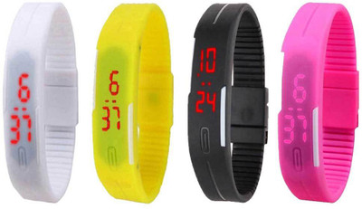 

NS18 Silicone Led Magnet Band Combo of 4 White, Yellow, Black And Pink Watch - For Boys & Girls