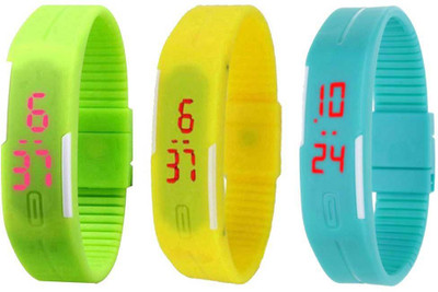 NS18 Silicone Led Magnet Band Combo of 3 Green, Yellow And Sky Blue Watch - For Boys & Girls