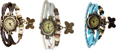 

Kissu Vintage Rakhi Watch Combo of 3 Brown, White And Sky Blue Watch - For Women