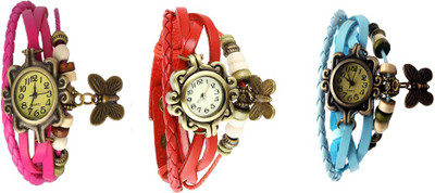 

NS18 Vintage Butterfly Rakhi Watch Combo of 3 Pink, Red And Sky Blue Watch - For Women