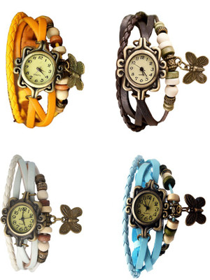 

Kissu Vintage Rakhi Combo of 4 Yellow, White, Brown And Sky Blue Watch - For Women