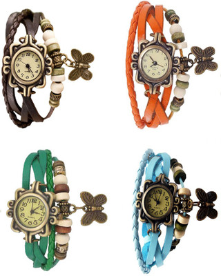 

Kissu Vintage Rakhi Combo of 4 Brown, Green, Orange And Sky Blue Watch - For Women