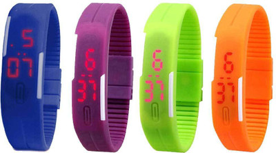 

NS18 Silicone Led Magnet Band Combo of 4 Blue, Purple, Green And Orange Watch - For Boys & Girls