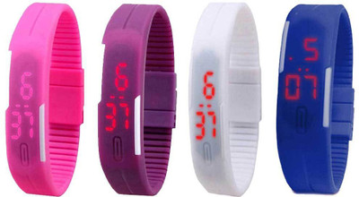 

NS18 Silicone Led Magnet Band Combo of 4 Pink, Purple, White And Blue Watch - For Boys & Girls