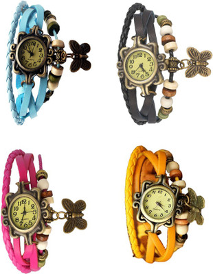 

Kissu Vintage Rakhi Combo of 4 Sky Blue, Pink, Black And Yellow Watch - For Women