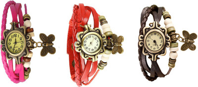 

NS18 Vintage Butterfly Rakhi Watch Combo of 3 Pink, Red And Brown Watch - For Women