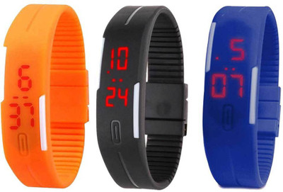 Kissu Led Band Watch Combo of 3 Orange, Black And Blue Watch - For Couple