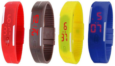 

NS18 Silicone Led Magnet Band Combo of 4 Red, Brown, Yellow And Blue Watch - For Boys & Girls