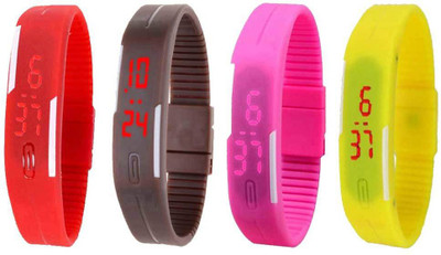 

NS18 Silicone Led Magnet Band Combo of 4 Red, Brown, Pink And Yellow Watch - For Boys & Girls