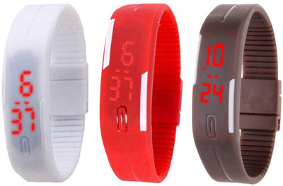 

NS18 Silicone Led Magnet Band Combo of 3 White, Red And Brown Watch - For Boys & Girls