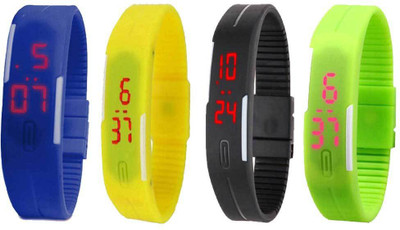 

NS18 Silicone Led Magnet Band Combo of 4 Blue, Yellow, Black And Green Watch - For Boys & Girls