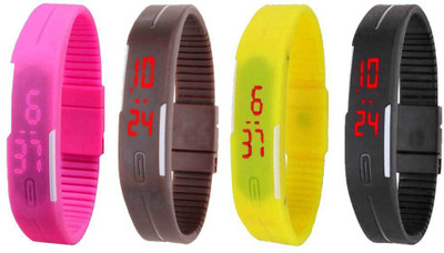 

NS18 Silicone Led Magnet Band Combo of 4 Pink, Brown, Yellow And Black Watch - For Boys & Girls
