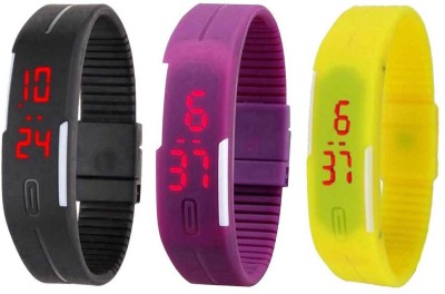 NS18 Silicone Led Magnet Band Combo of 3 Black, Purple And Yellow Digital Watch  - For Boys & Girls   Watches  (NS18)