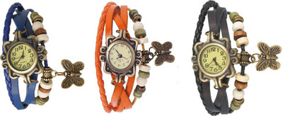 

NS18 Vintage Butterfly Rakhi Watch Combo of 3 Blue, Orange And Black Watch - For Women
