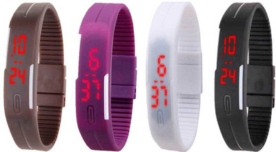 

NS18 Silicone Led Magnet Band Combo of 4 Brown, Purple, White And Black Watch - For Boys & Girls