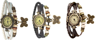 

NS18 Vintage Butterfly Rakhi Watch Combo of 3 White, Black And Brown Watch - For Women
