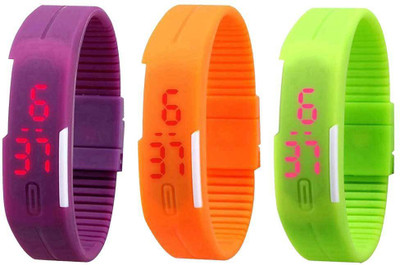 

NS18 Silicone Led Magnet Band Combo of 3 Purple, Orange And Green Watch - For Boys & Girls